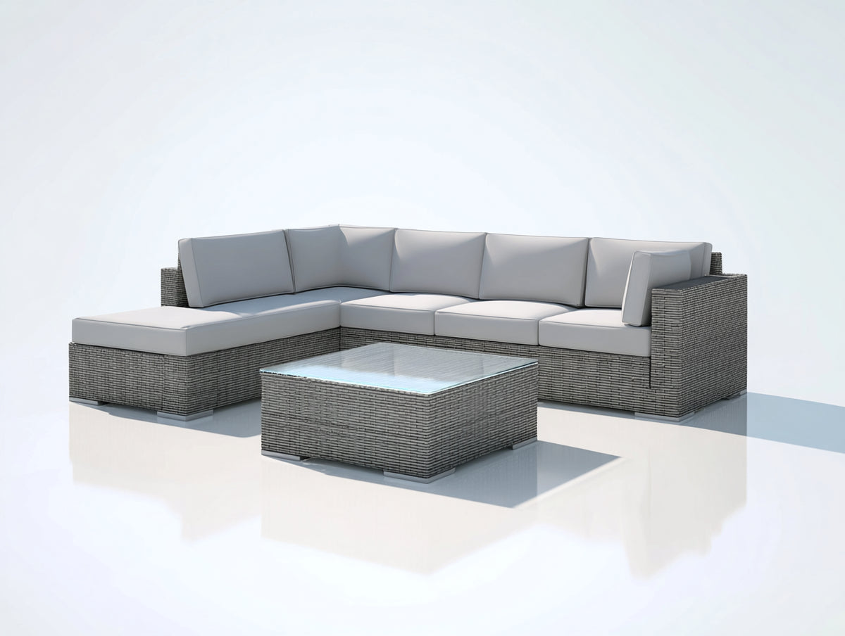 Canapé de jardin - Résine tressée-Tissu - 280 x 220 x 76 cm - Gris clair-Gris chiné - Style moderne