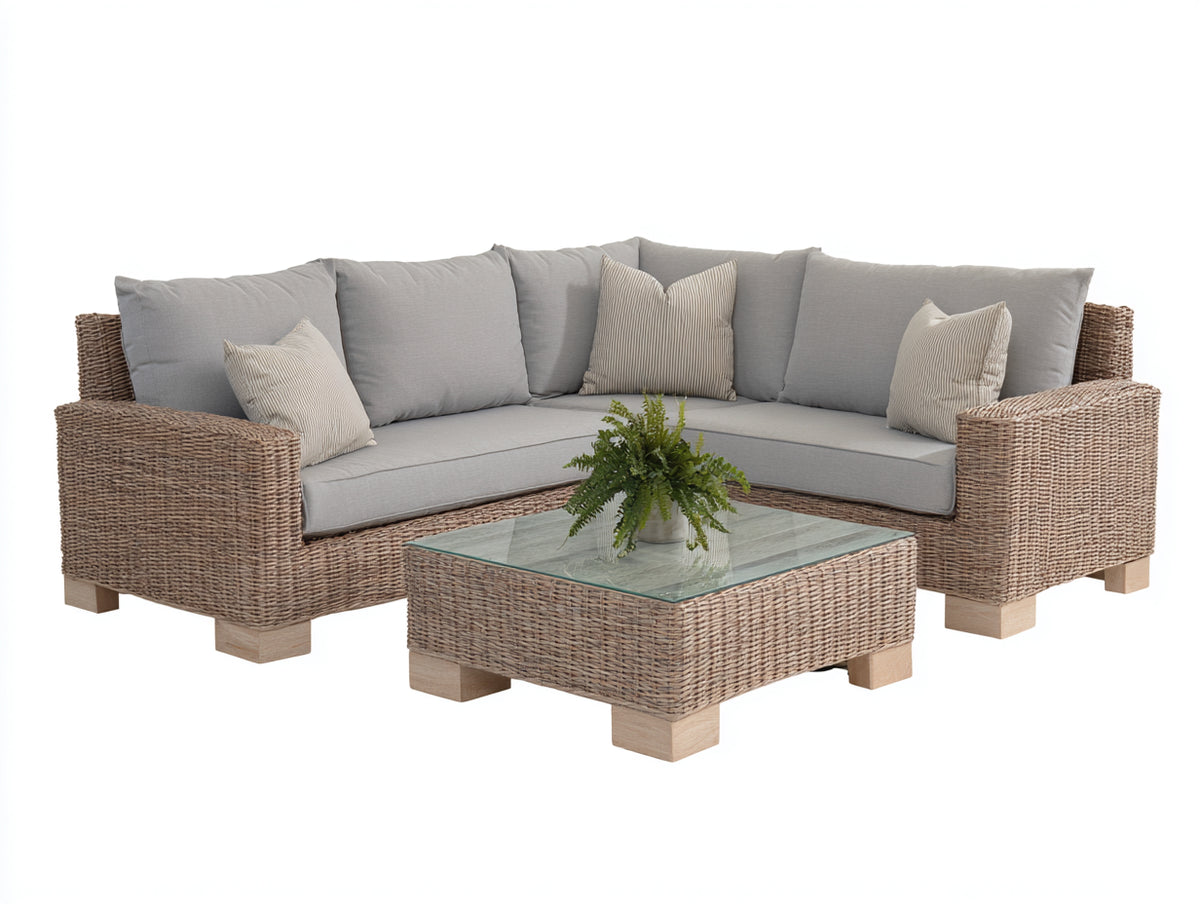 Canapé de jardin - Résine tressée-Tissu - 245 x 245 x 80 cm - Gris clair-Brun naturel - Style contemporain