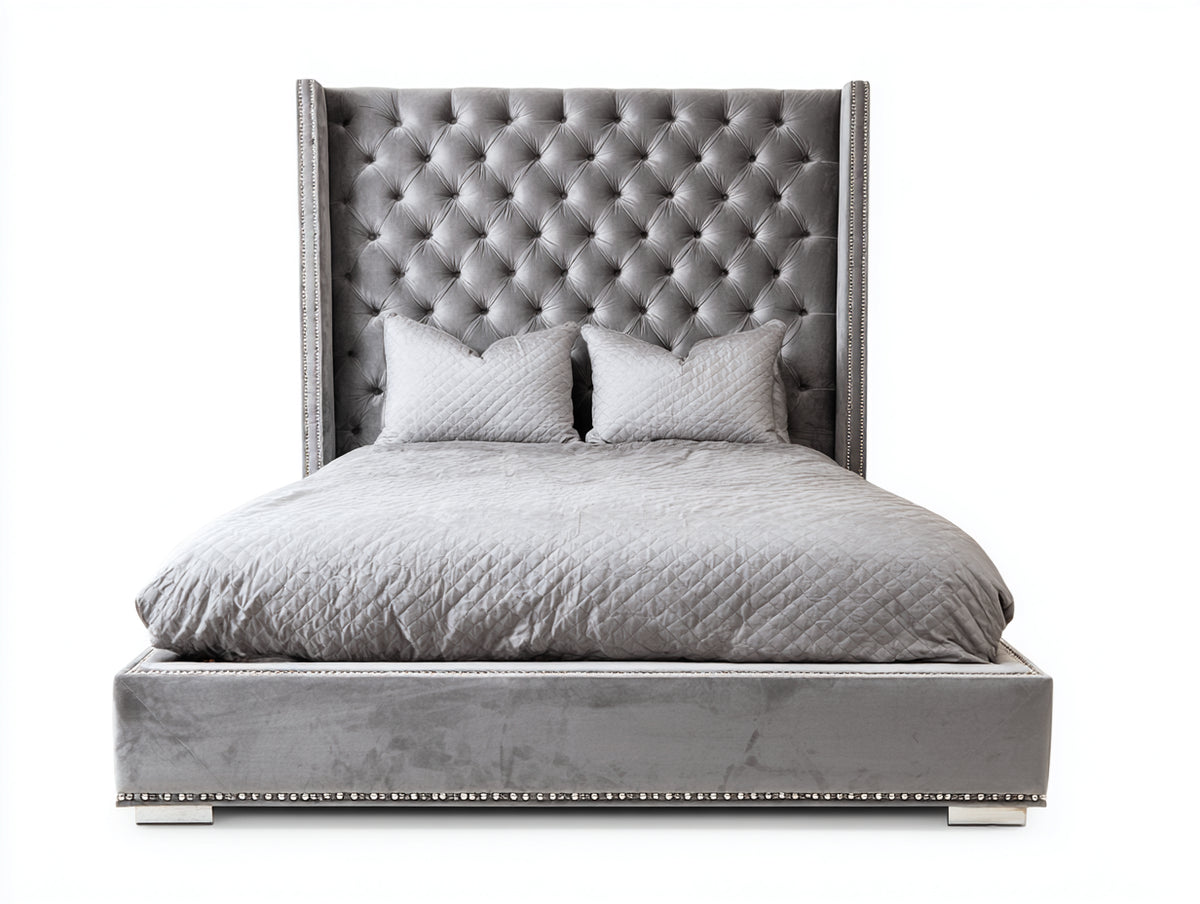 Lit double - Velours - 220 x 180 x 155 cm - Gris perle - Style élégant capitonné