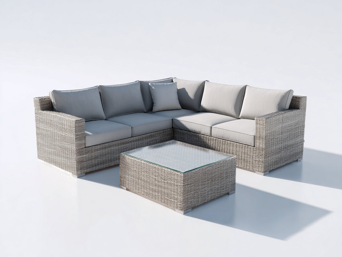 Canapé de jardin - Résine tressée-Tissu - 238 x 238 x 75 cm - Gris clair-Gris chiné - Style contemporain