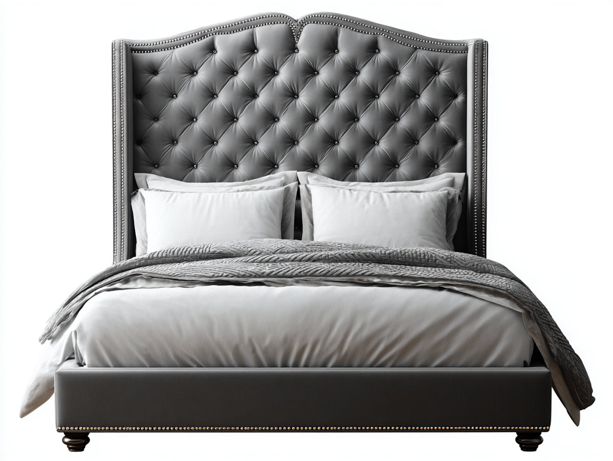 Lit double - Velours - 225 x 185 x 160 cm - Gris anthracite - Style baroque capitonné