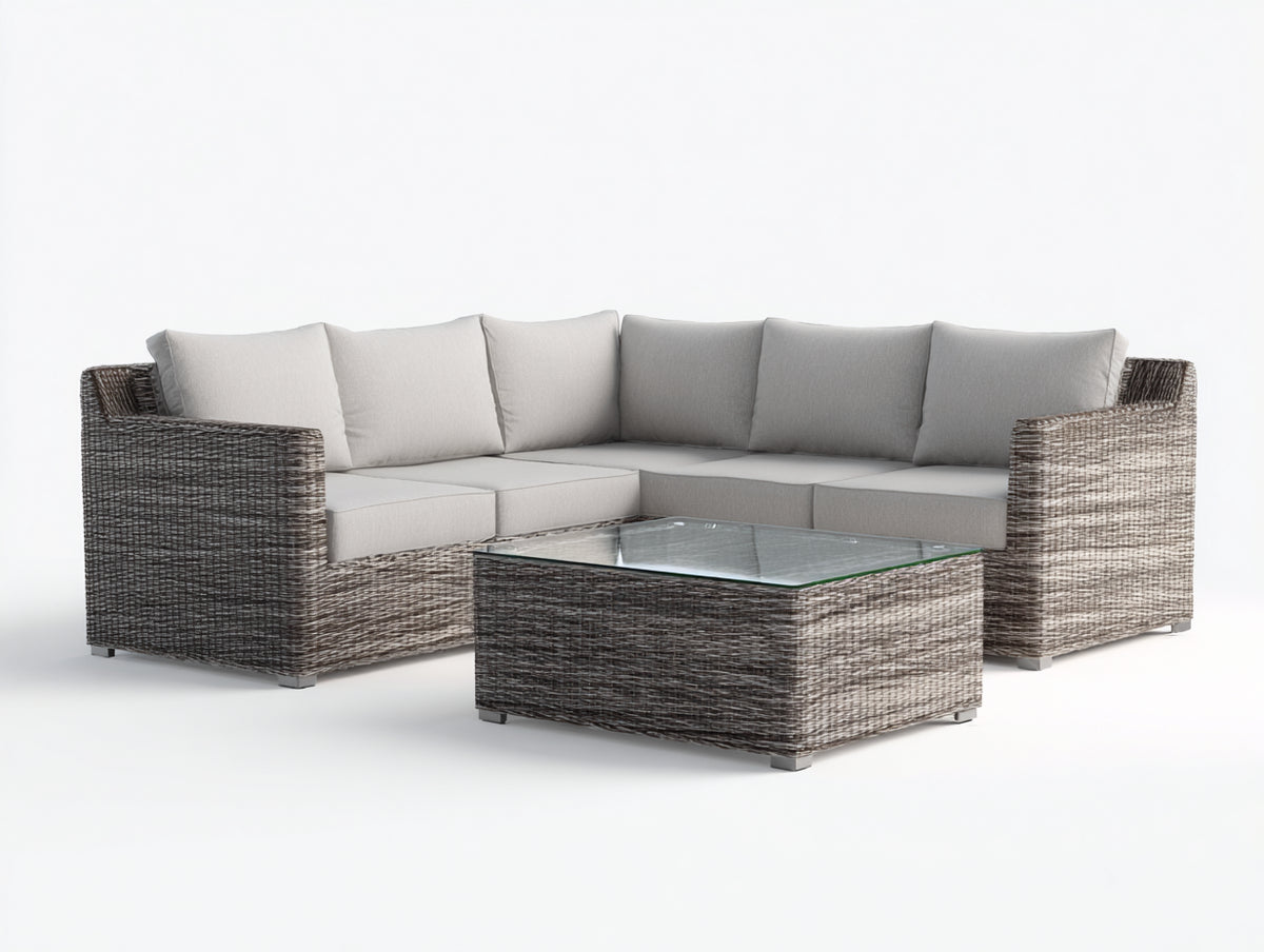 Canapé de jardin - Résine tressée-Tissu - 246 x 246 x 76 cm - Écru-Brun grisé - Style contemporain