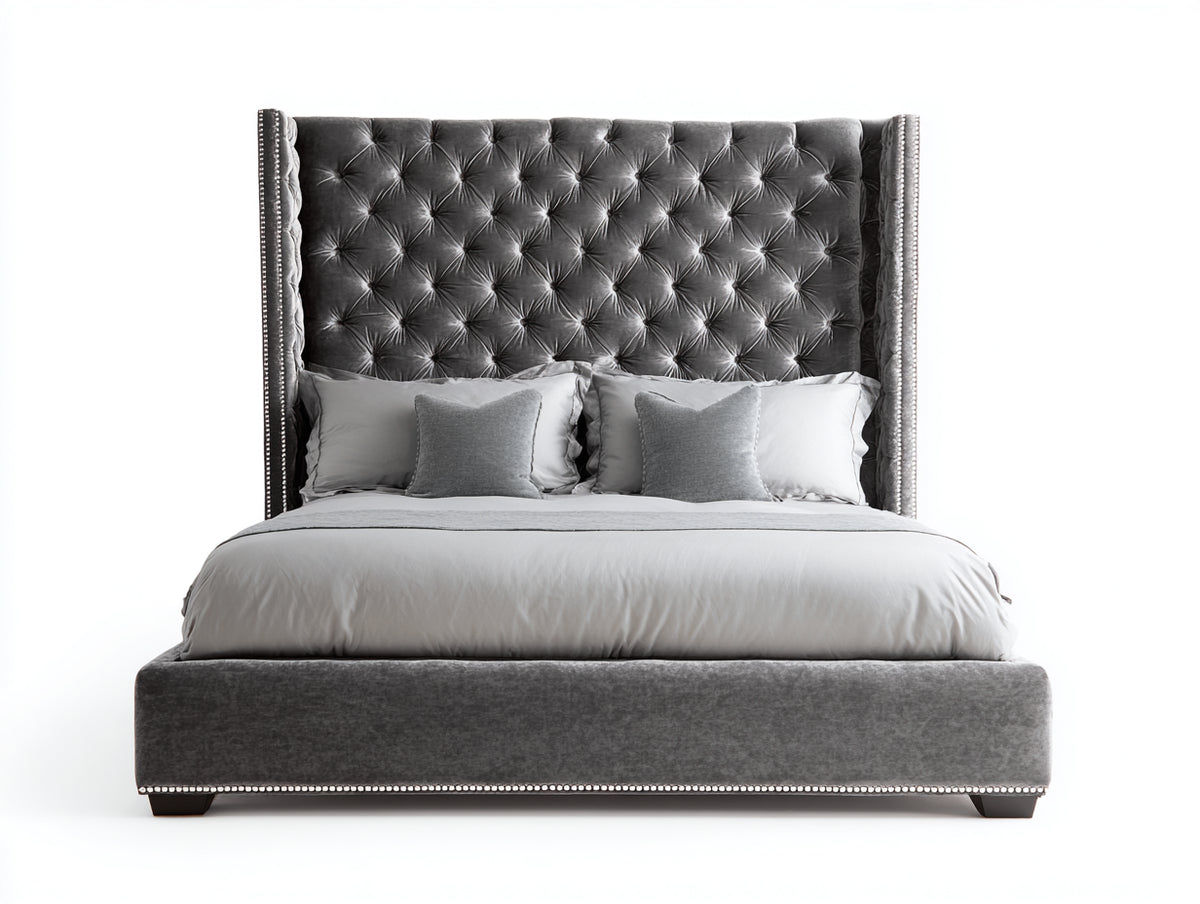 Lit double - Velours - 220 x 180 x 155 cm - Gris foncé - Style luxueux capitonné