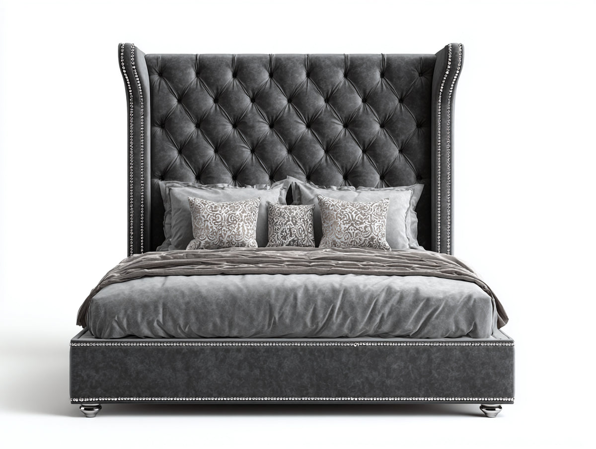 Lit double - Velours - 220 x 180 x 160 cm - Gris anthracite - Style classique capitonné