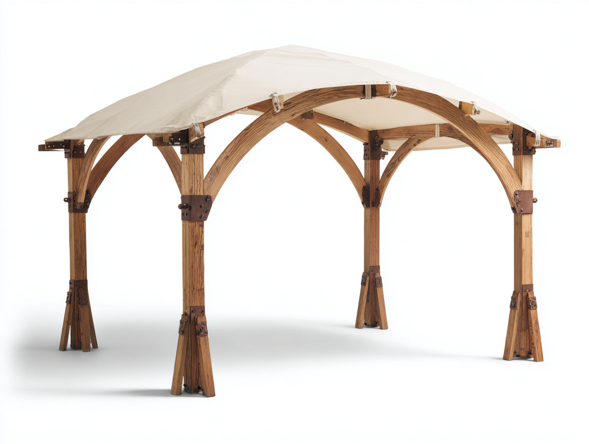 Tonnelle de jardin - Bois - Textile - Métal - 400 x 300 x 280 cm - Marron-Blanc cassé-Brun foncé - Style rustique à toit arqué