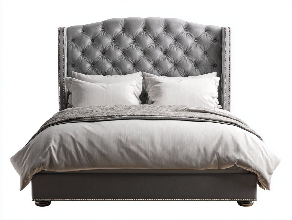 Lit double - Velours - 220 x 180 x 155 cm - Gris argenté - Style classique capitonné