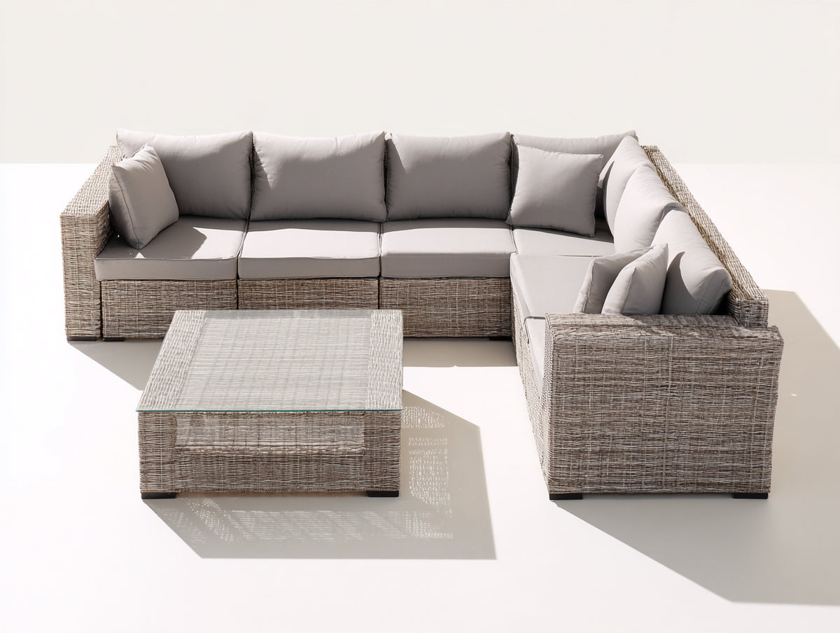 Canapé de jardin - Résine tressée-Tissu - 282 x 226 x 75 cm - Beige clair-Grège - Style contemporain
