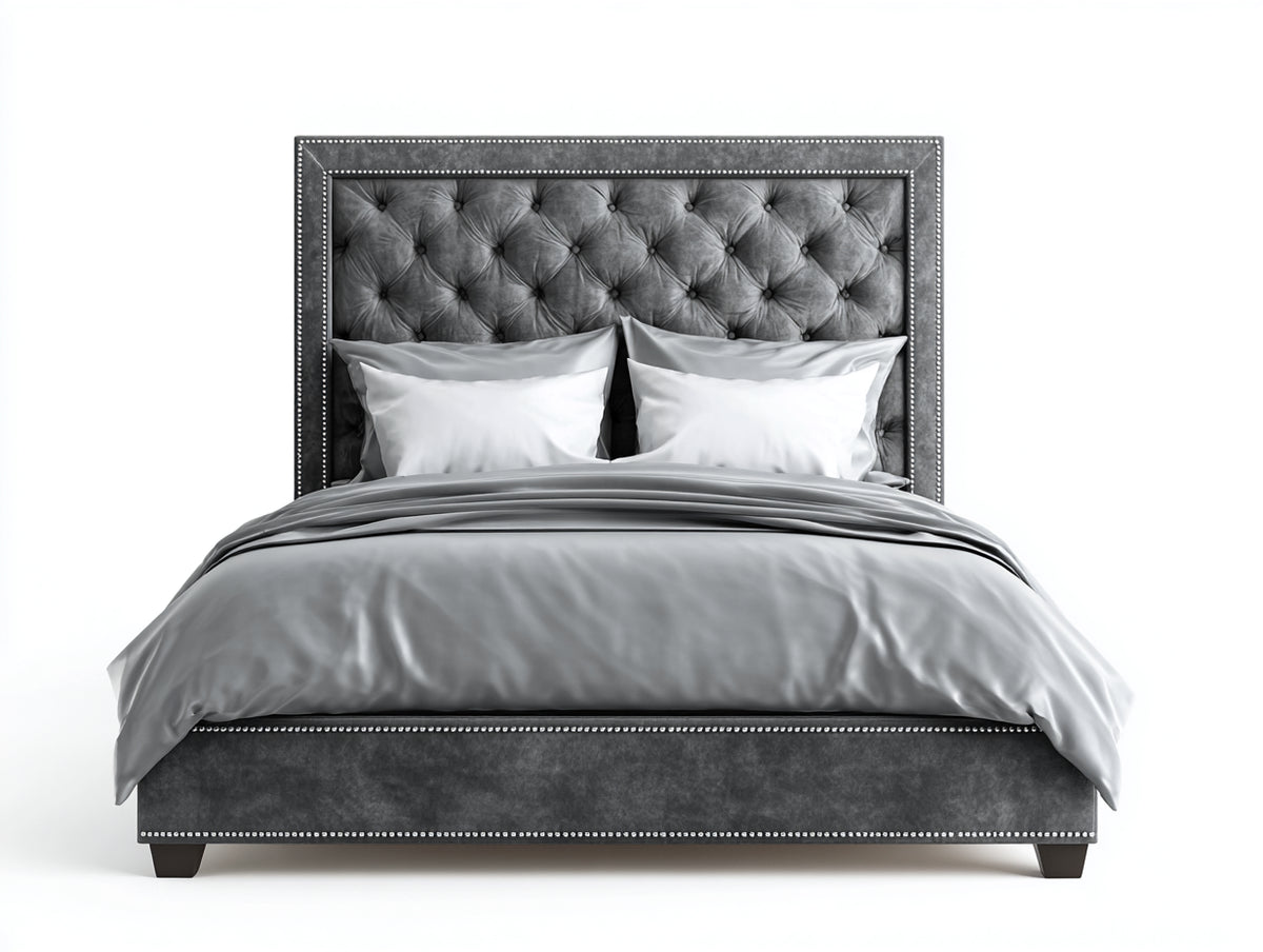 Lit double - Velours-métal - 215 x 175 x 150 cm - Gris clair - Style classique capitonné