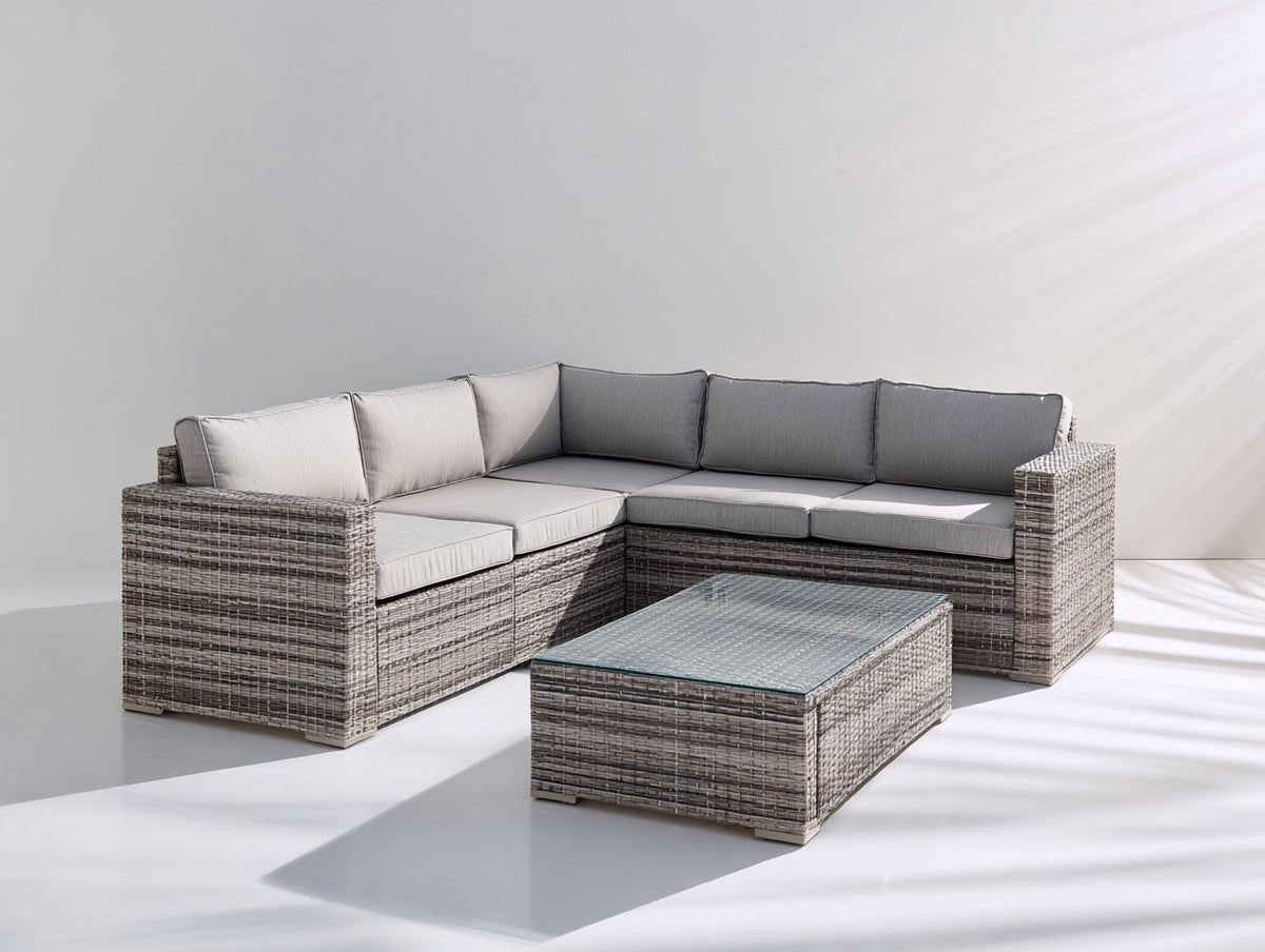 Canapé de jardin - Résine tressée-Tissu - 244 x 244 x 76 cm - Gris clair-Grège - Style contemporain